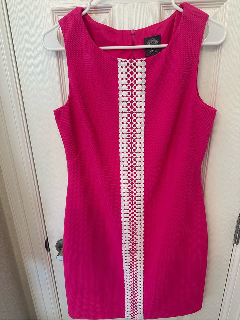 Sleeveless Fuchsia Sheath Dress with White Crochet Trim